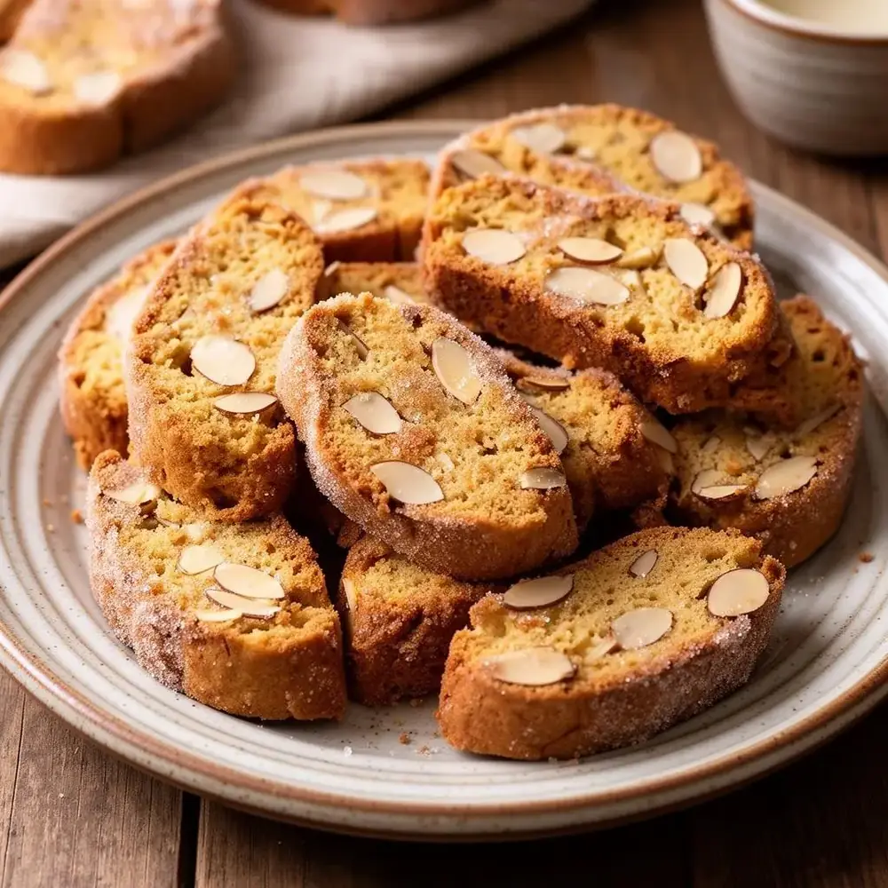 Plate of golden twice-baked Jewish mandelbrot almond biscotti dusted with cinnamon sugar