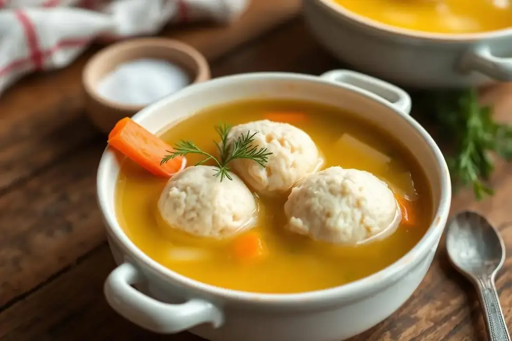 Bowl of homemade matzo ball soup with fluffy matzo balls, carrots and fresh dill
