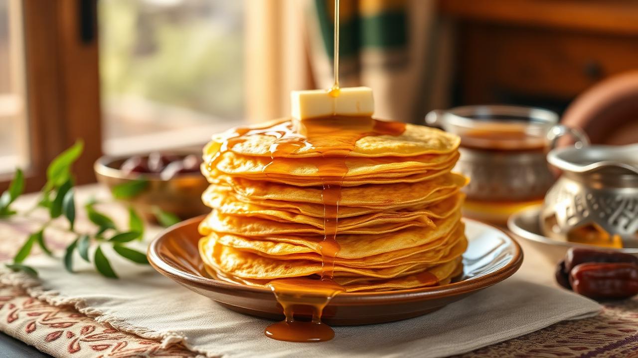 Golden stack of Moroccan-Jewish mufleta crepes drizzled with honey and topped with butter on a festive Mimouna table