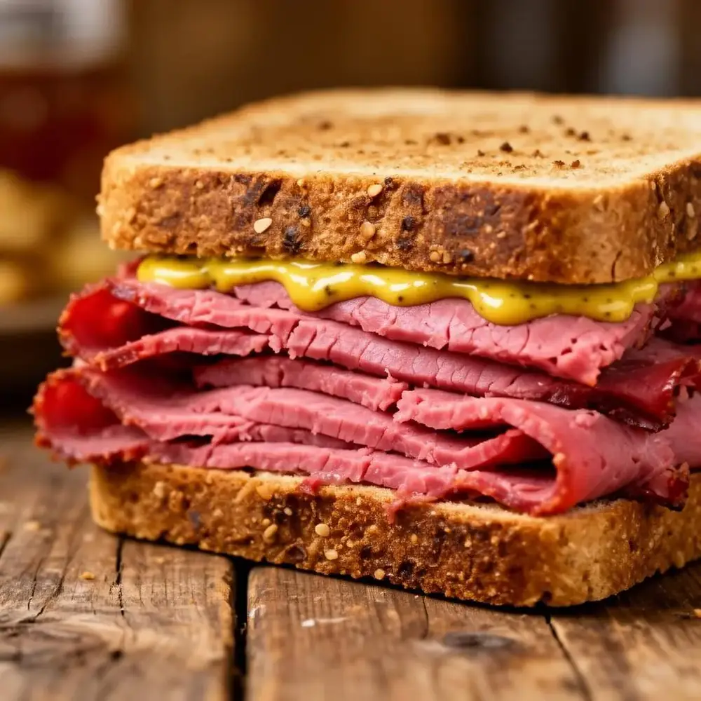 Thick-sliced homemade pastrami stacked high on rye bread with mustard and a visible smoke ring