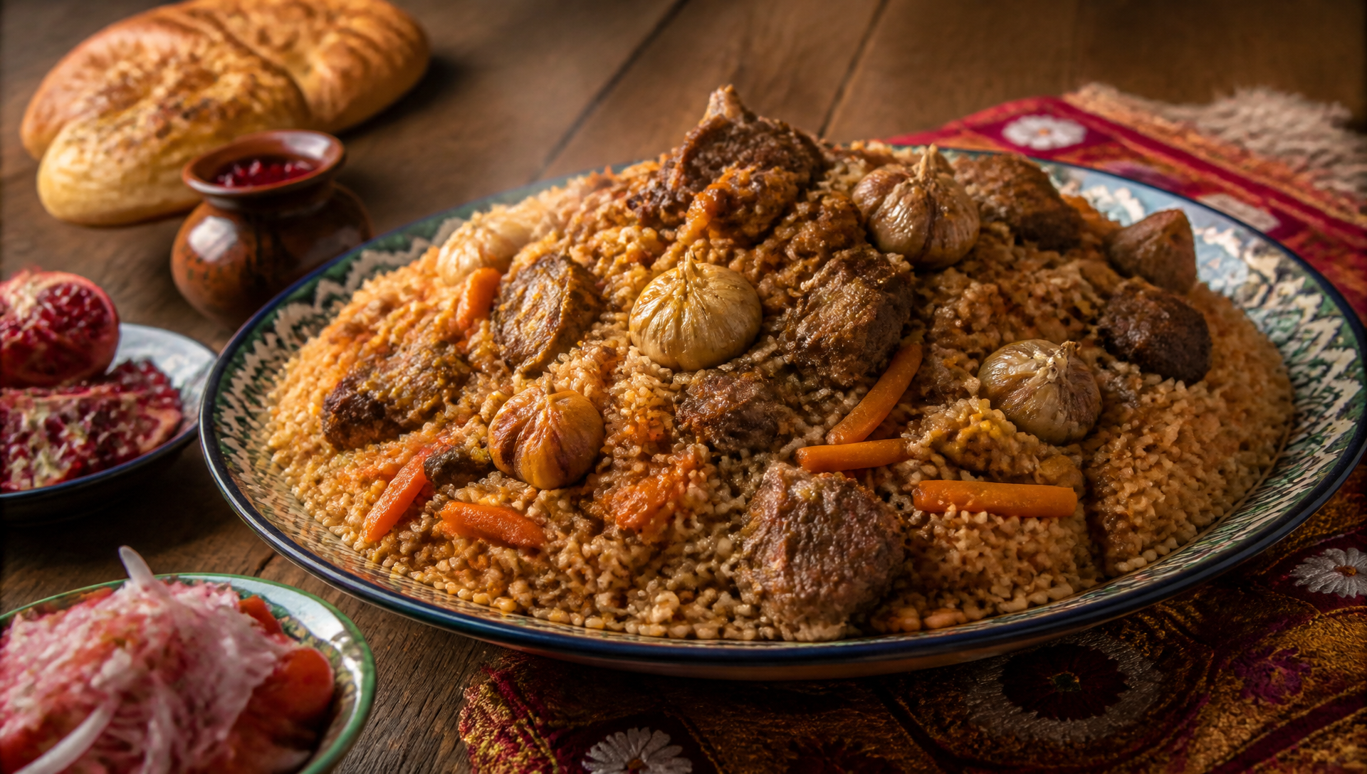 A large mound of golden Bukharian plov with lamb chunks, caramelized carrots, whole garlic bulbs, and chickpeas served on an ornate Central Asian ceramic platter