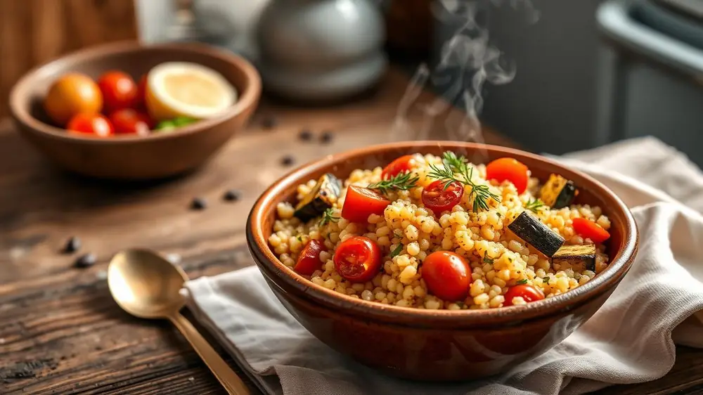 Bowl of toasted Israeli couscous (ptitim) with roasted cherry tomatoes, charred zucchini and fresh herbs on a rustic olive-wood table