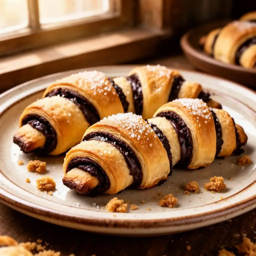 Golden flaky chocolate rugelach pastries dusted with sugar on a rustic ceramic plate