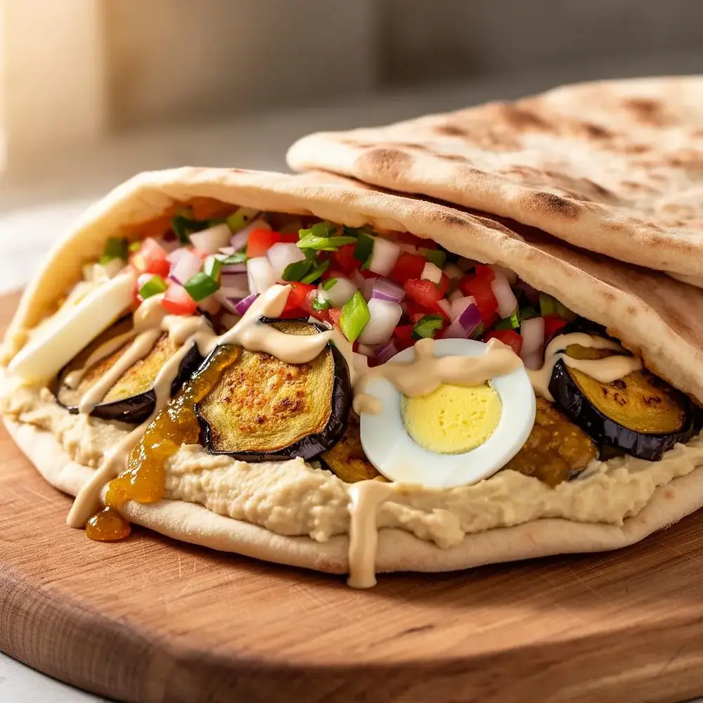 Open sabich pita loaded with fried eggplant, hard-boiled egg, Israeli salad, hummus and tahini on a wooden board