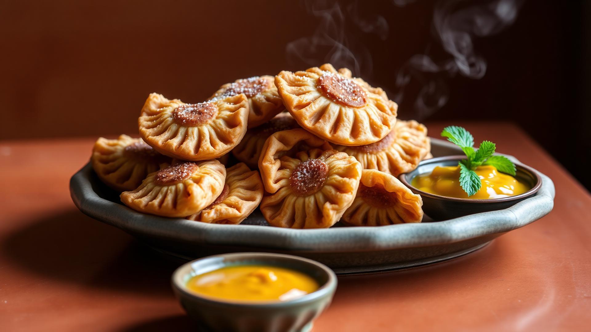 A rustic ceramic plate piled with freshly fried golden half-moon sambusak pastries, some split open to show spiced chickpea filling, beside a bowl of amba and fresh mint on a warm terracotta table