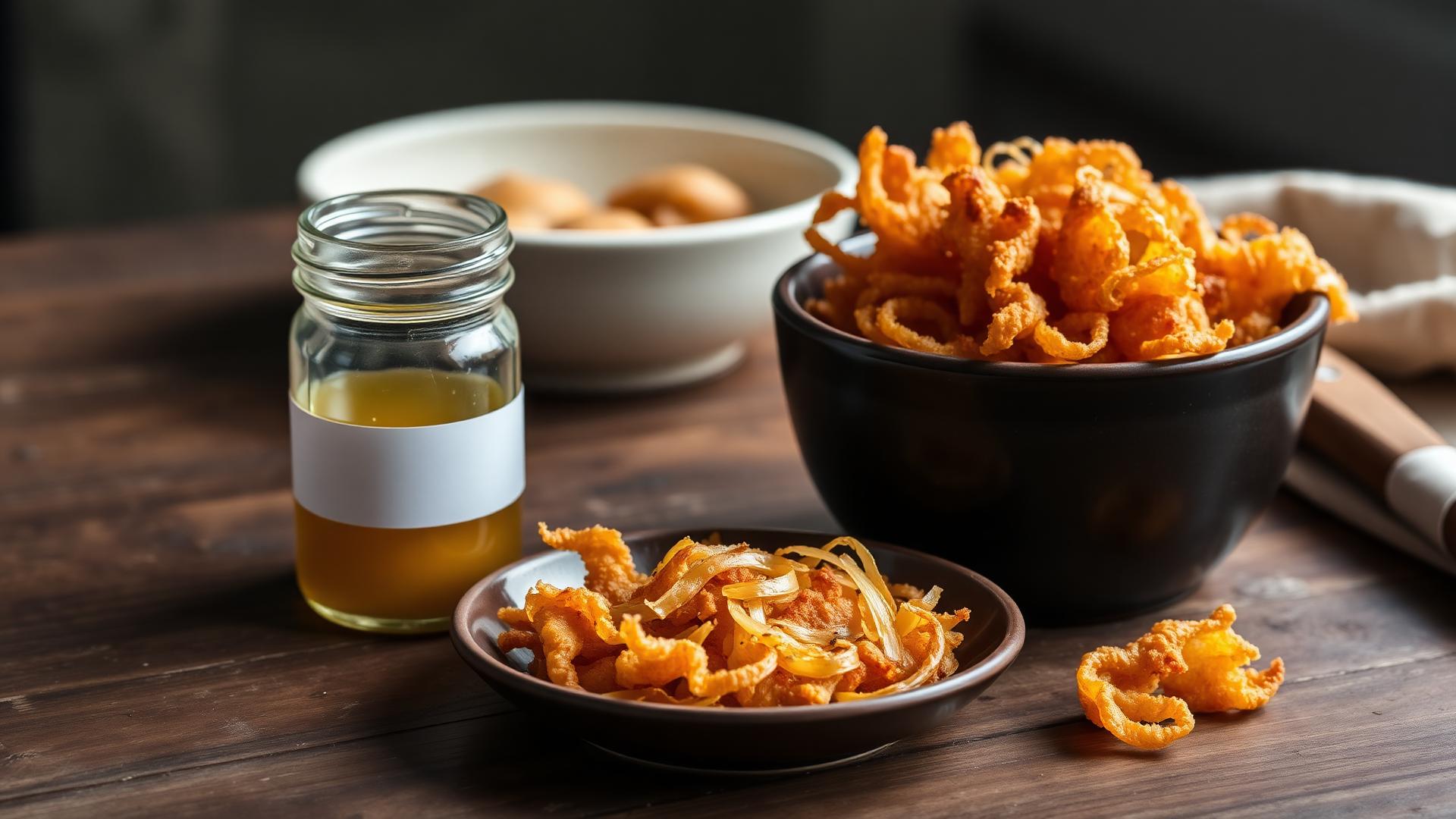 A plain glass jar of golden rendered chicken schmaltz beside a dark ceramic bowl of crispy golden-brown gribenes with fried onion on a rustic dark wood table