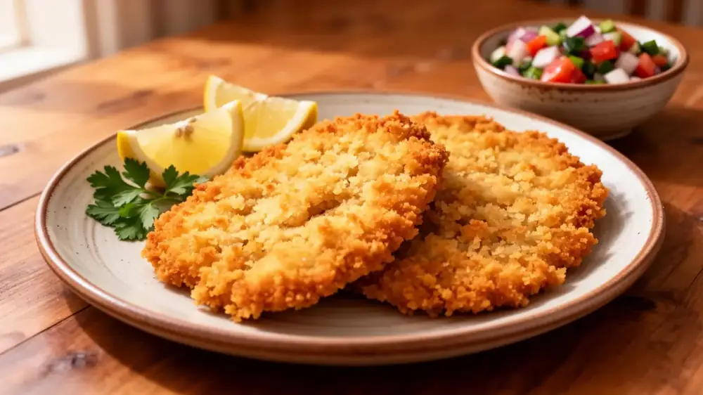 Golden crispy Israeli chicken schnitzel cutlets on a rustic plate with lemon wedges and a bowl of Israeli salad