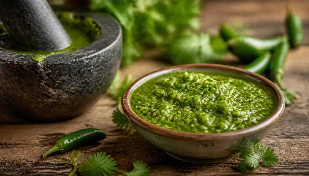 A ceramic bowl of vivid green Yemenite schug hot sauce beside a stone mortar, surrounded by fresh cilantro and green chilies on a rustic wooden table