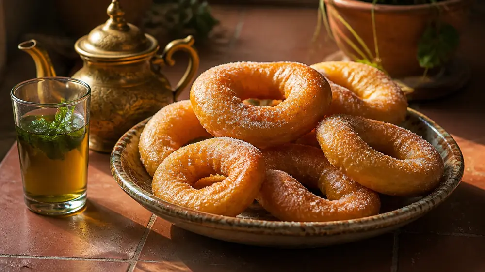 A rustic ceramic plate piled with freshly fried Moroccan Jewish sfenj doughnuts dusted with sugar beside a brass teapot and a glass of mint tea
