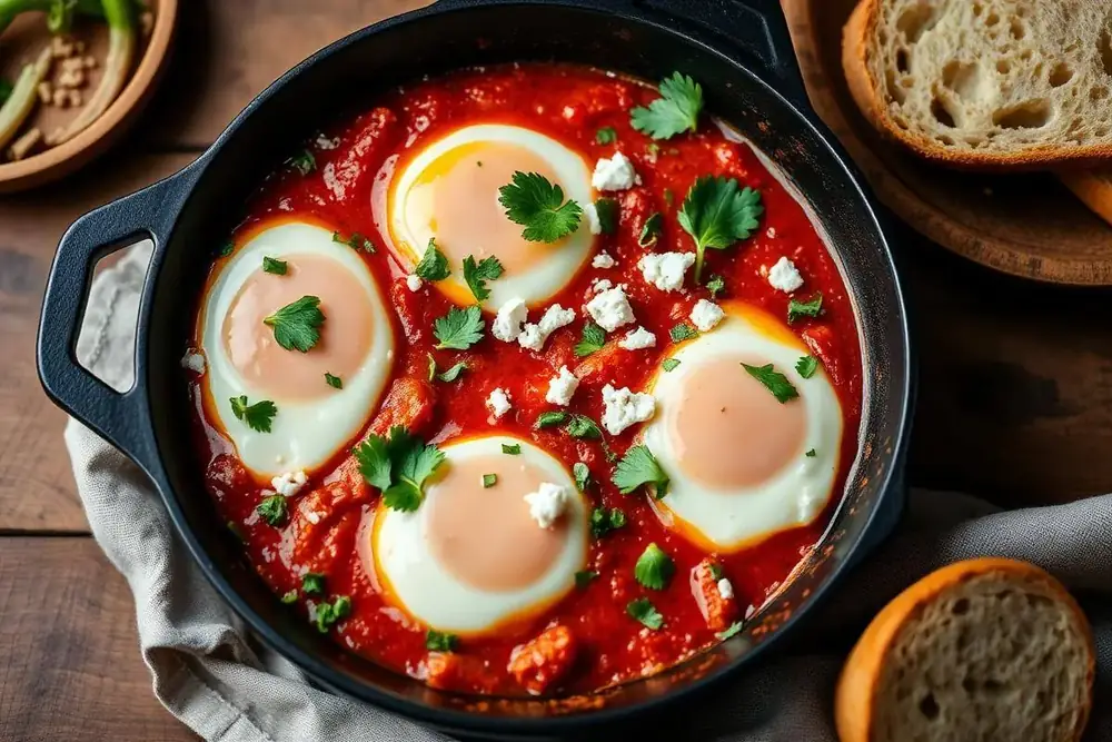 Cast iron skillet of shakshuka with poached eggs in spiced tomato sauce, feta and cilantro