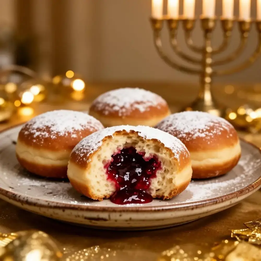 Plate of sufganiyot Hanukkah jelly doughnuts dusted with powdered sugar, one oozing raspberry jam, with a menorah in the background