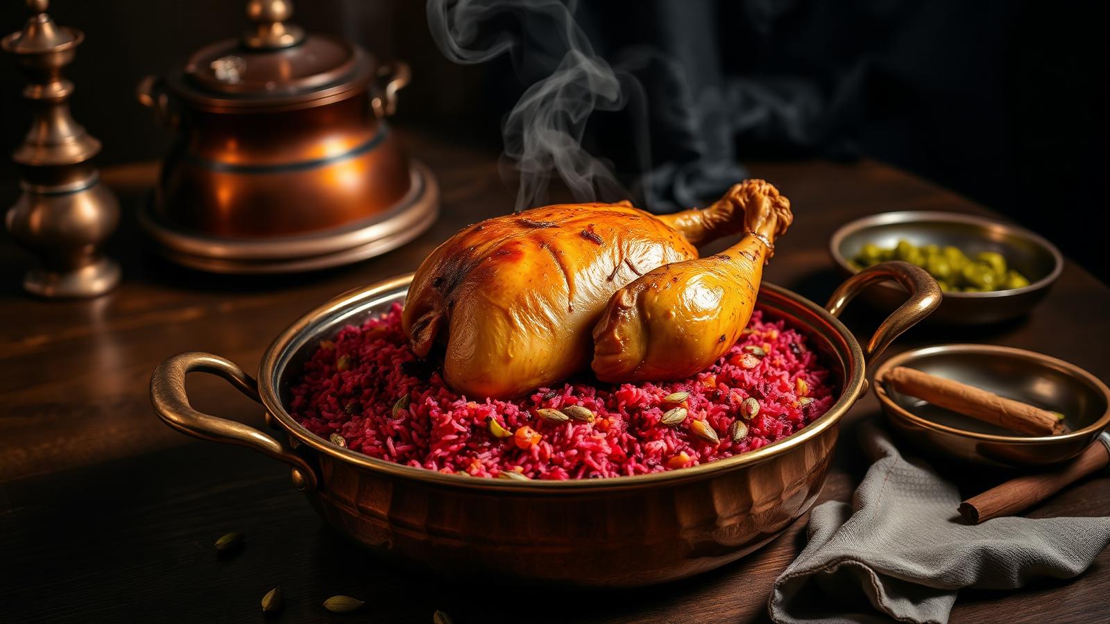 A whole golden roasted Iraqi Jewish t'beet chicken resting on a bed of deep red spiced basmati rice in a copper pot with steam rising, cardamom pods and cinnamon on a dark walnut table