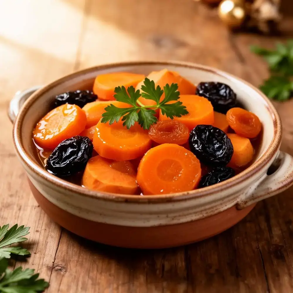 Classic Jewish tzimmes with honey-glazed carrots, sweet potatoes and prunes in a rustic ceramic dish